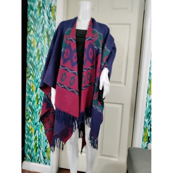 Forum Panco Tassel Poncho Shawl Cape Wraps Geometric Sweater Purple Women's - Picture 3 of 11